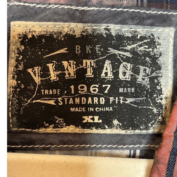 BKE Size XL Mens Vintage Timberjack Shirt Pearl Snap Blue Orange Plaid Shirt - Picture 6 of 9